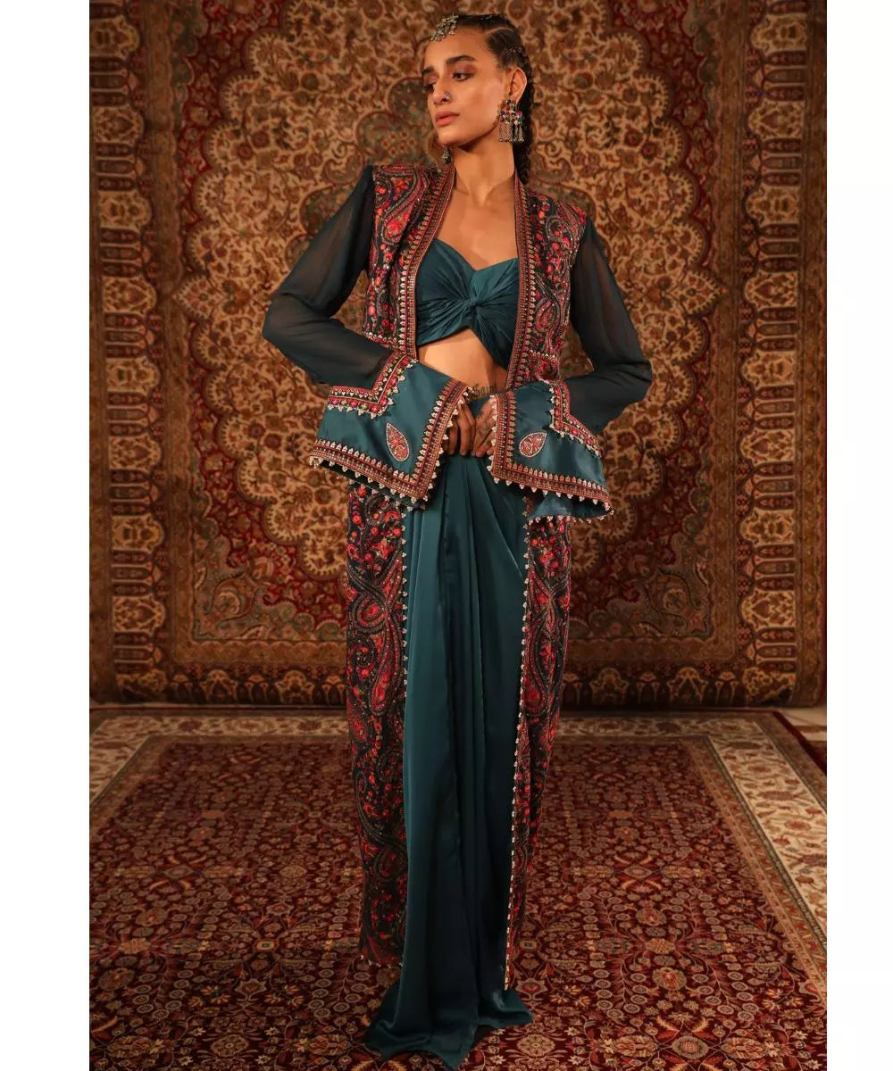 ADITI GUPTA - Teal Blouse Draped Skirt Jamawaar Jacket